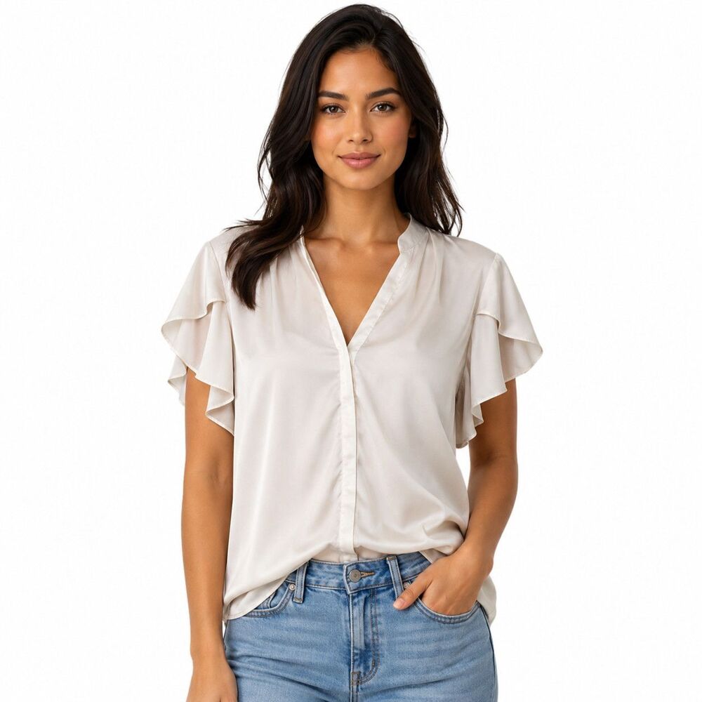 Premise Blouse Womens Medium White Satin V Neck Flutter Short Sleeve Top